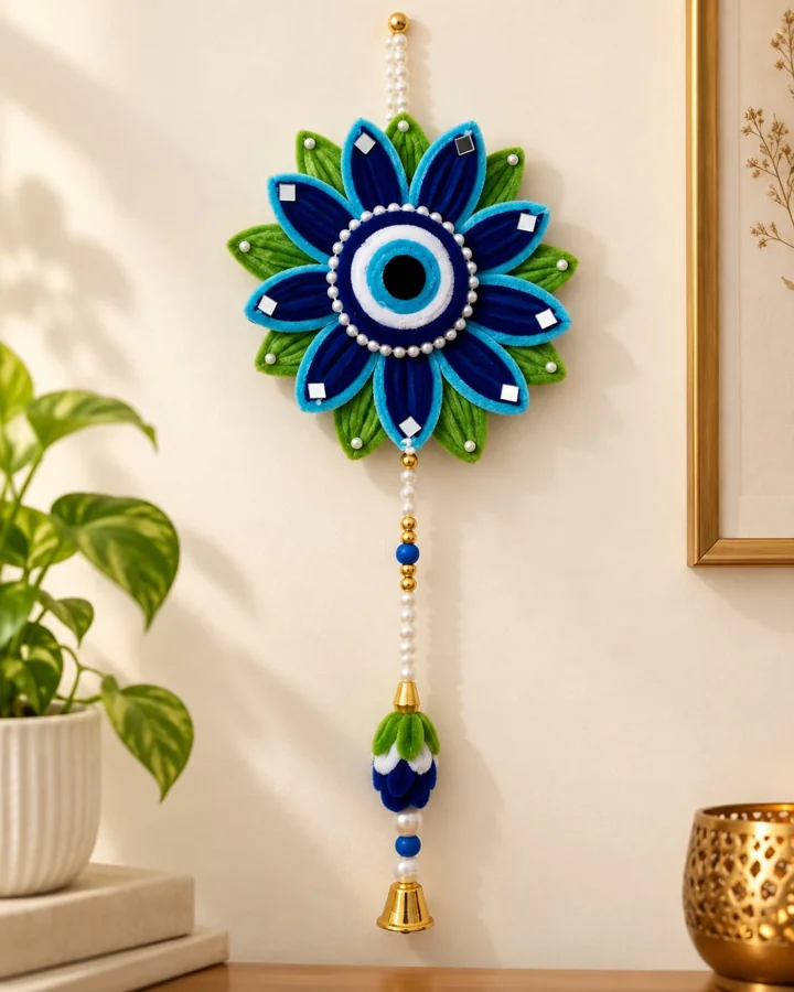 Blue petals, green leaves and a nazar-inspired centre, finished with pearl-like beads and a golden bell.