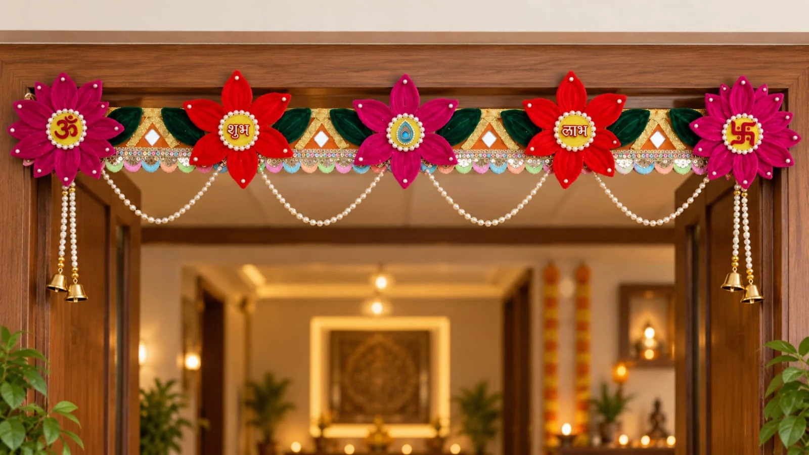 Pink and red handmade toran decorating a warmly lit doorway