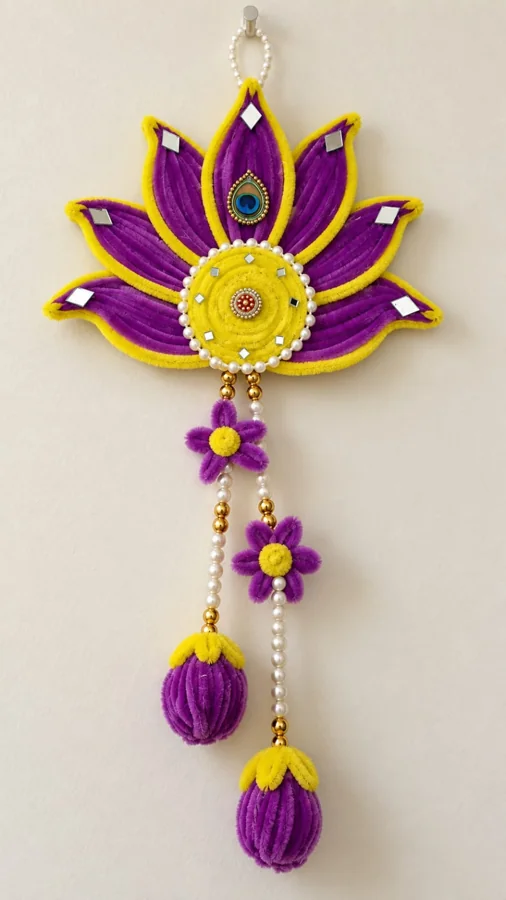 Purple lotus petals edged in yellow, with mirror details, a peacock-inspired accent and cascading floral drops.
