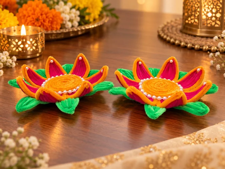 Two pink and saffron lotus decorations with green leaves and pearl-like details. For decorative display; keep away from flames and hot diyas.