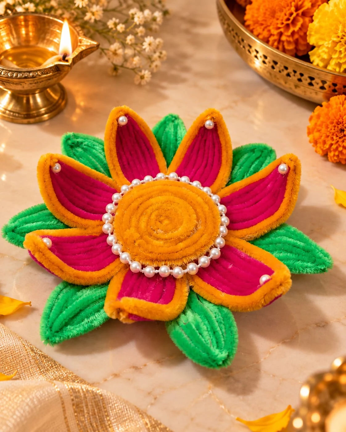 Gulabi Lotus: A pink and saffron lotus decoration with green leaves and a pearl-like border. For decorative display; keep away from flames and hot diyas.