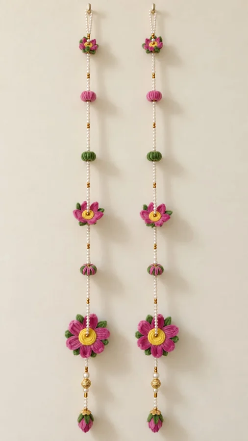 Delicate pink flowers and green accents along pearl-like strings, finished with decorative gold-toned beads. Two strings are pictured; the price is for one string.