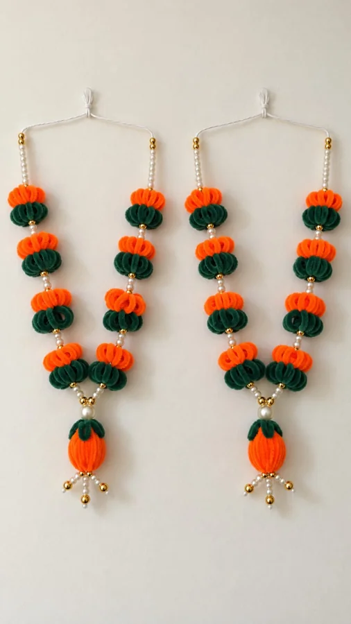 Bright orange and deep-green floral garlands with pearl-like beads and dangling buds. A pair is pictured.