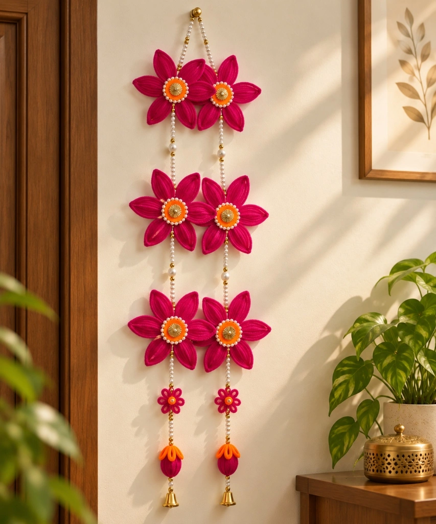 Gulabi Sitara Bell Hangings: Vibrant rani pink floral hangings with bright orange centers, mirror-work embellishments, cascading pearl-like beads, and festive golden bells. A pair of 2 is included.