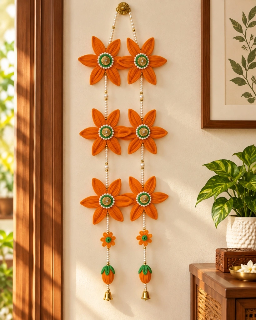 Kesar Marigold Bell Hangings: Lustrous saffron-gold marigold floral hangings detailed with green and mirror centers, elegant pearl-like strings, and tinkling golden bells. A pair of 2 is included.