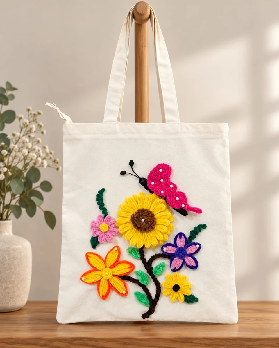 Craftella floral tote on a wooden stand
